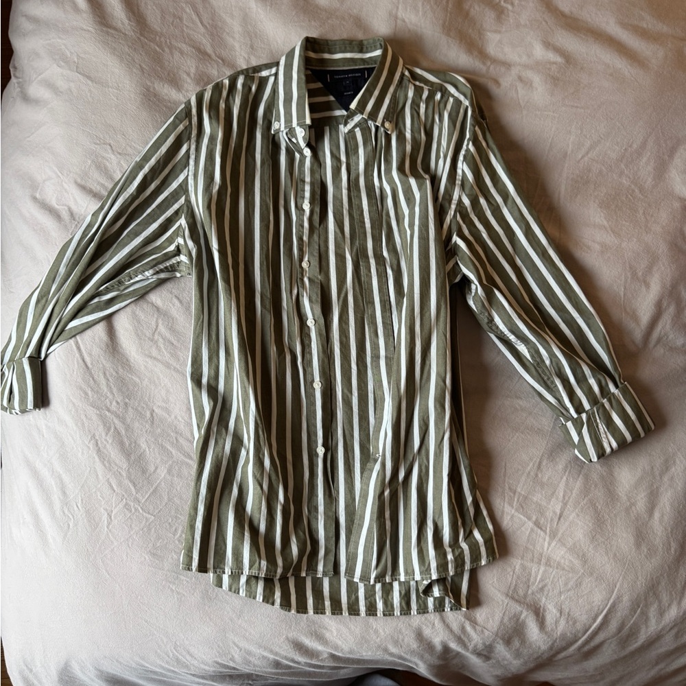 Tommy Hilfiger Olive and White Striped Shirt